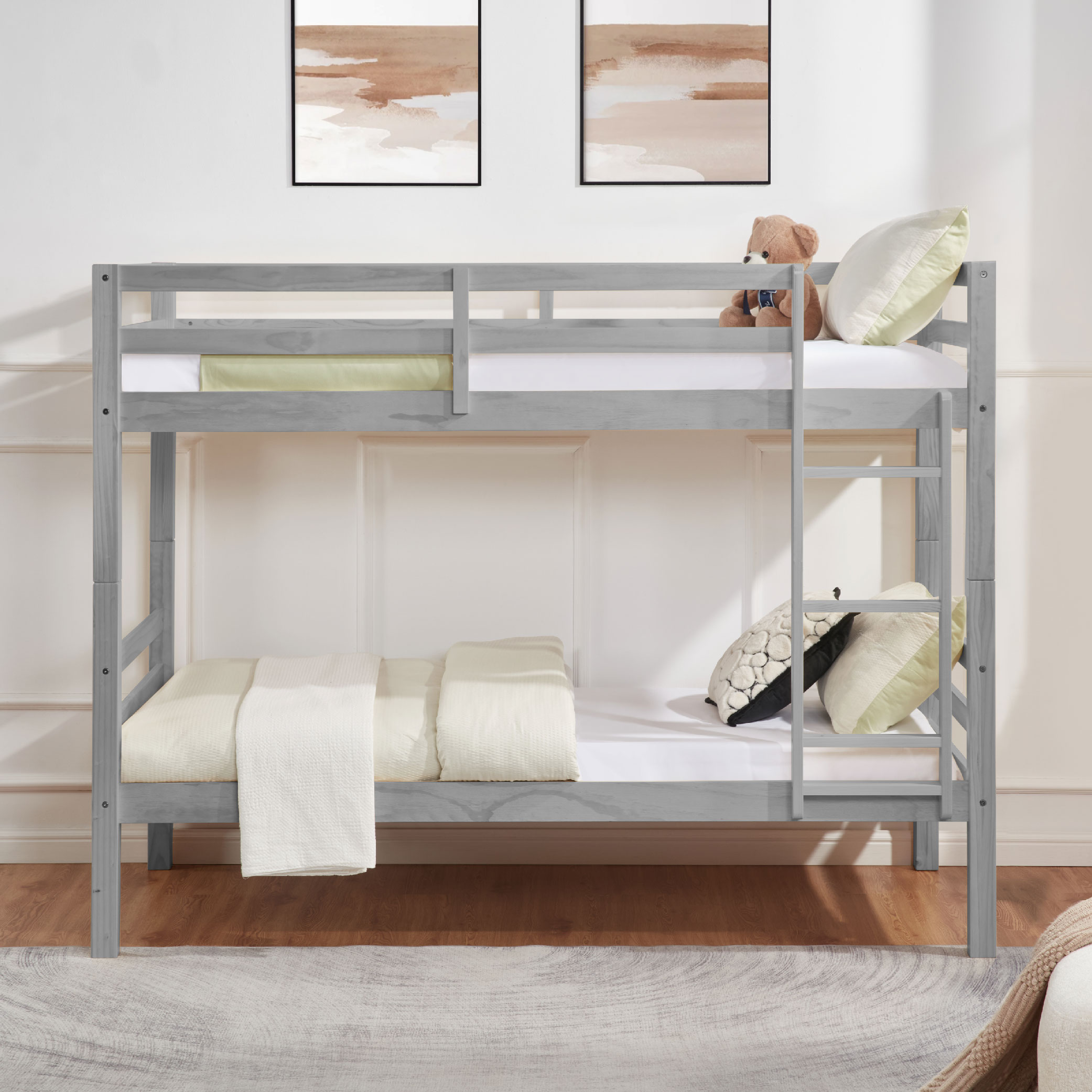 Twin over Twin Bunk Bed with Thick Posts,Wooden Bunk Bed with High Guardrail and Ladder for Kids, Teens, Dorm Rooms, and Guest Rooms,No Box Spring Needed,Grey Twin over Twin Bunk Bed with Thick Posts,Wooden Bunk Bed with High Guardrail and Ladder for Kids, Teens, Dorm Rooms, and Guest Rooms,No Box Spring Needed,Grey